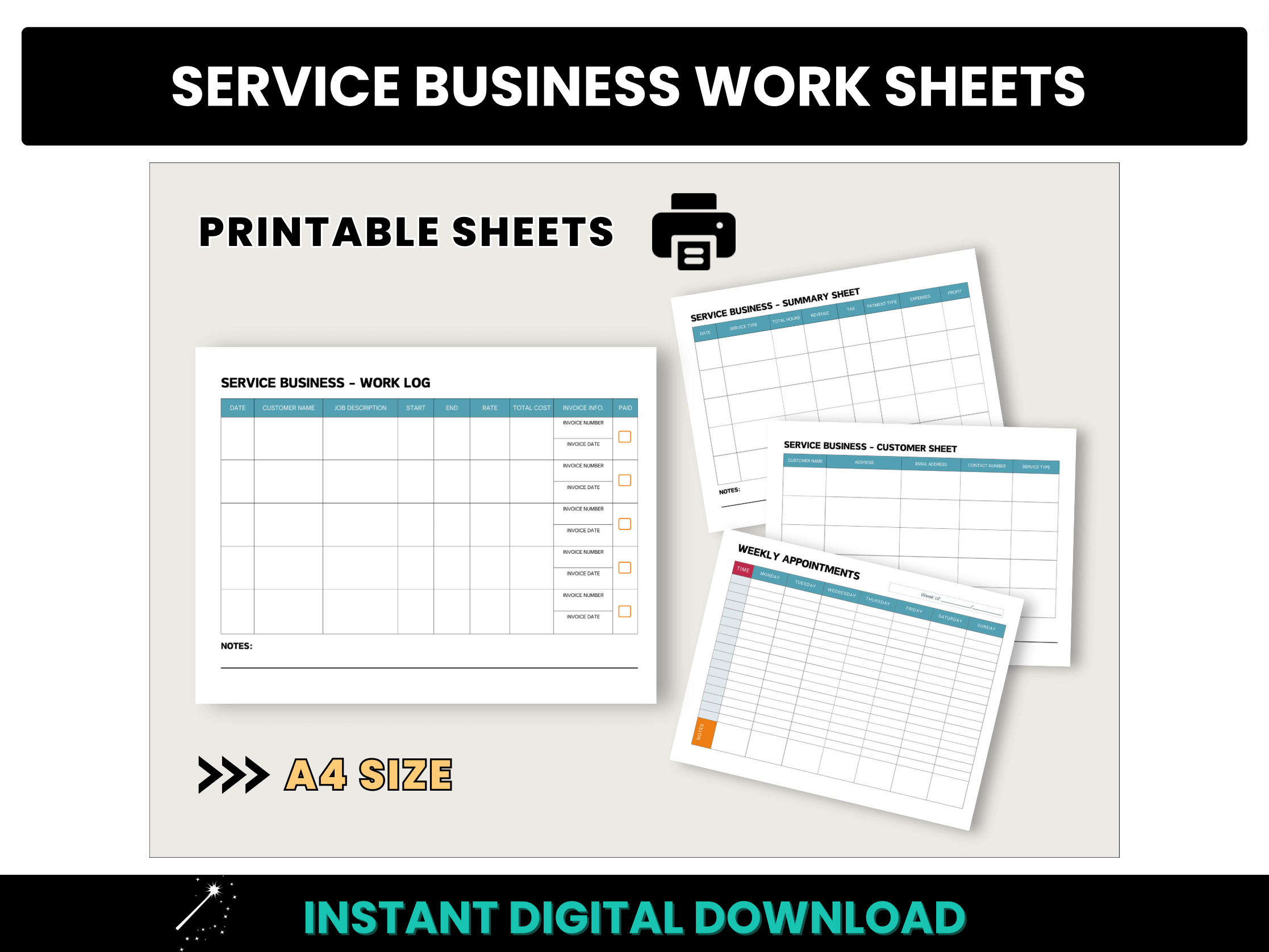 Service Business Work Sheets Printable Template A4 Size