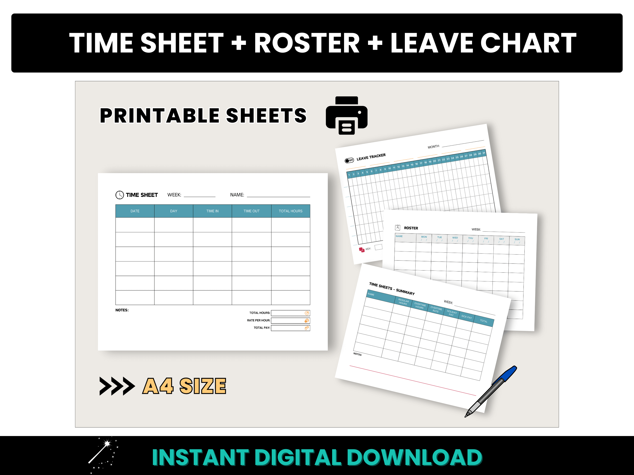 A4 Size Time Sheet, Roster & Leave Chart Printable Sheets