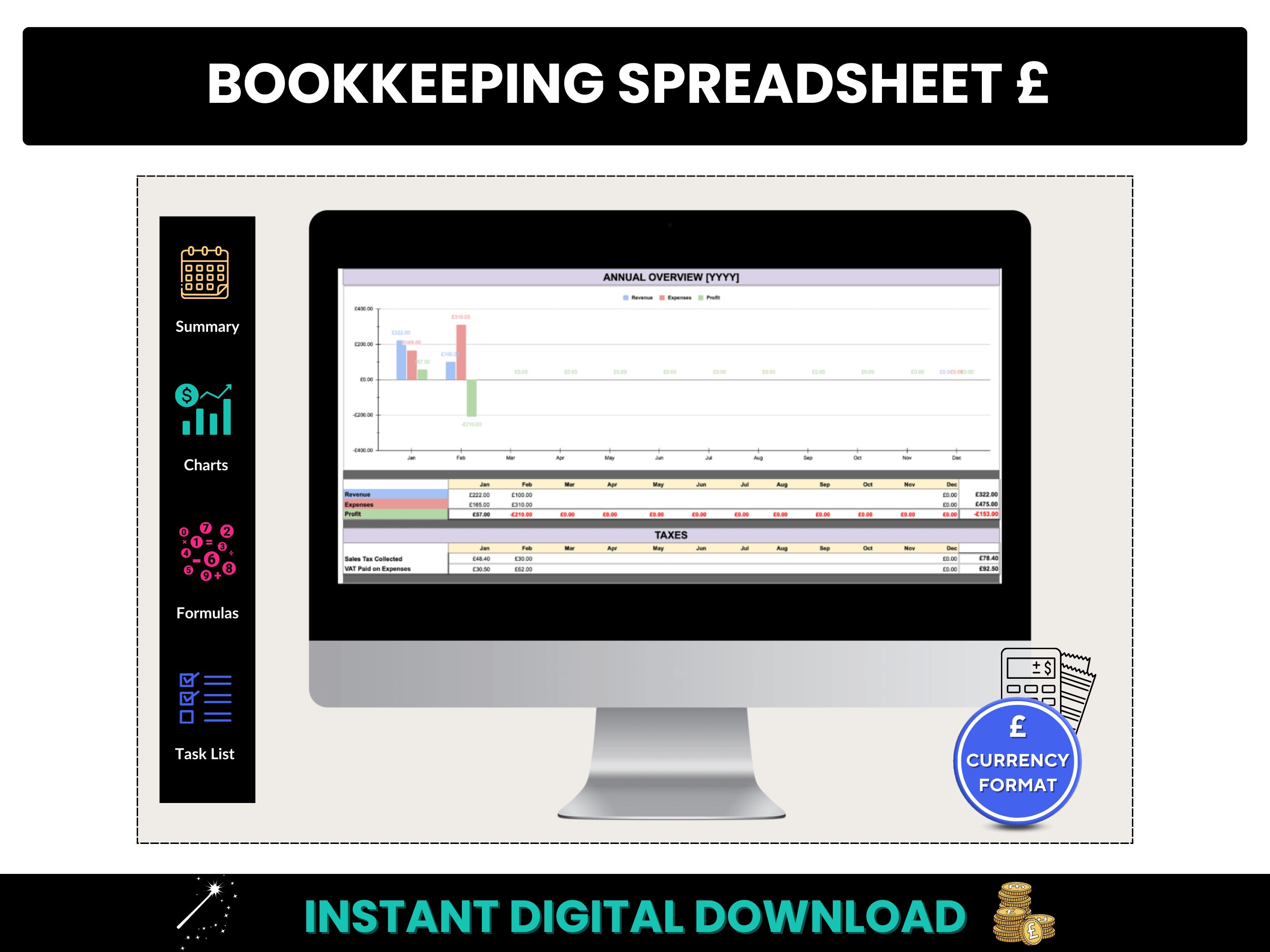 Bookkeeping Spreadsheet Pound Sterling Currency